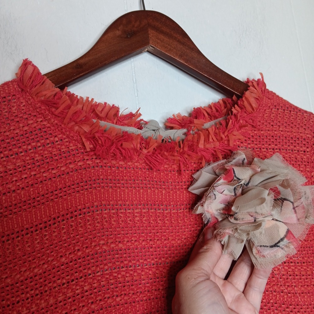 Marella Coral Woven Shift Dress Sz 6 Fringe Rosette Jackie O Preppy Career - Picture 4 of 13